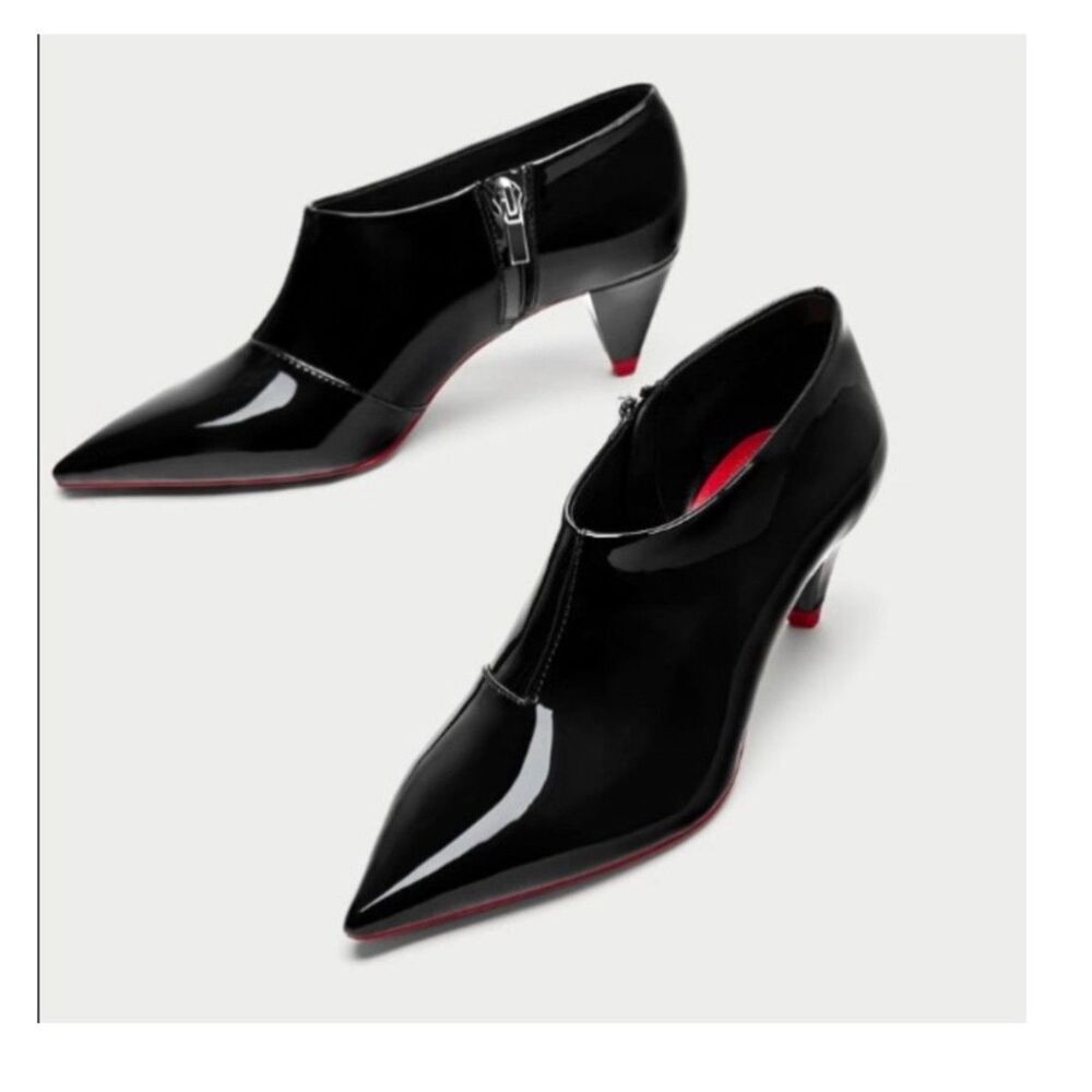 ZARA Black Patent Low Cone Heel Pointed Toe Ankle Booties – EU Size 36